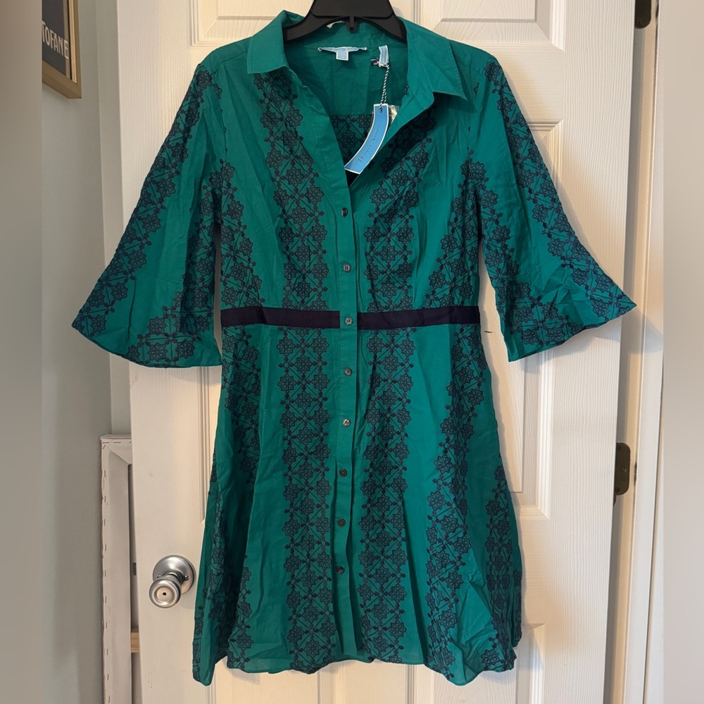NWT- Green Embroidered Button-Up Dress